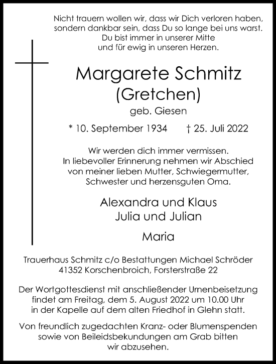 Traueranzeige von Margarete Schmitz von trauer.extra-tipp-moenchengladbach.de