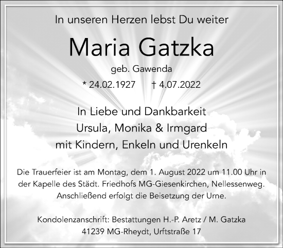 Traueranzeige von Maria Gatzka von trauer.extra-tipp-moenchengladbach.de