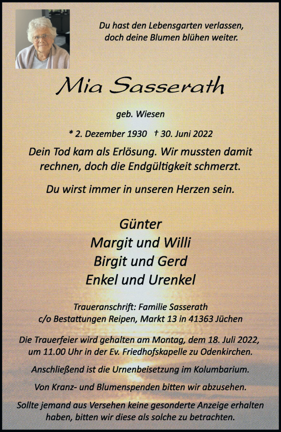 Traueranzeige von Mia Sasserath von trauer.extra-tipp-moenchengladbach.de