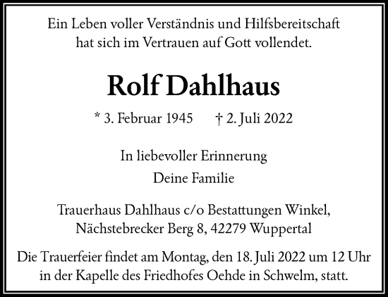 Traueranzeige von Rolf Dahlhaus von trauer.wuppertaler-rundschau.de