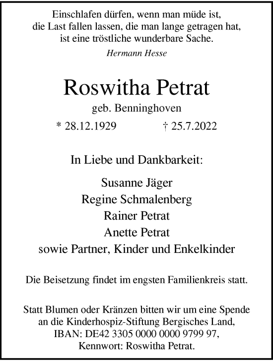 Traueranzeige von Roswitha Petrat von trauer.wuppertaler-rundschau.de