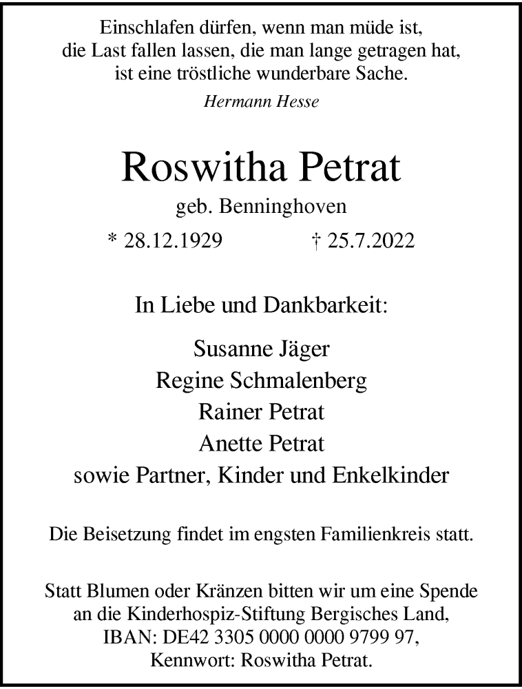  Traueranzeige für Roswitha Petrat vom 30.07.2022 aus trauer.wuppertaler-rundschau.de