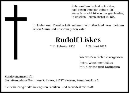 Traueranzeige von Rudolf Liskes von trauer.extra-tipp-moenchengladbach.de