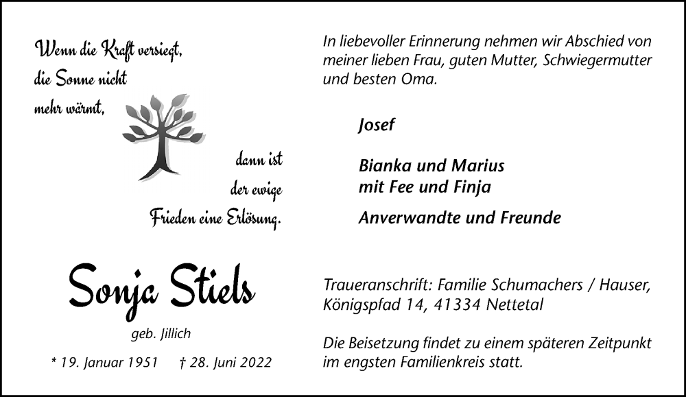  Traueranzeige für Sonja Stiels vom 03.07.2022 aus trauer.extra-tipp-moenchengladbach.de