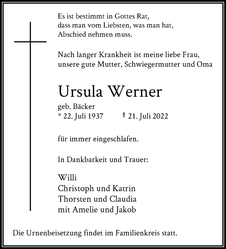  Traueranzeige für Ursula Werner vom 30.07.2022 aus trauer.wuppertaler-rundschau.de