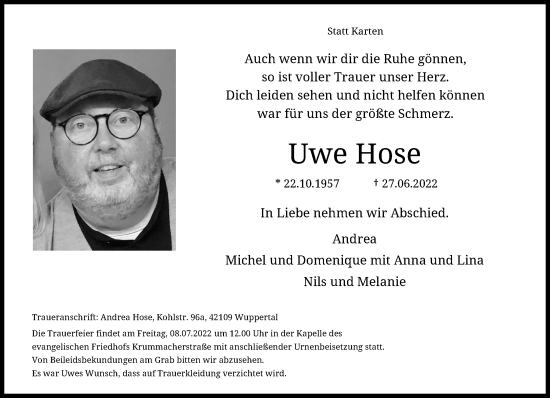 Traueranzeige von Uwe Hose von trauer.wuppertaler-rundschau.de