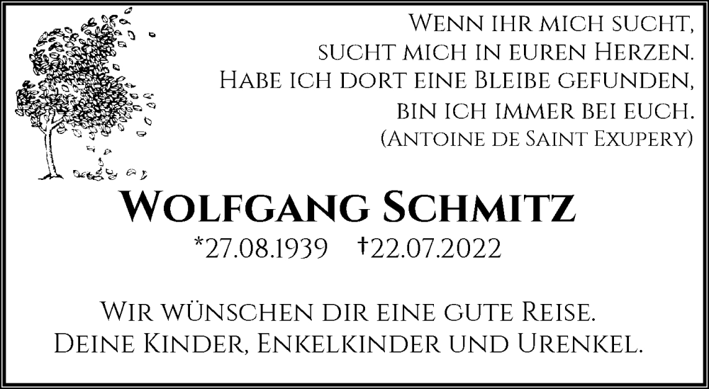  Traueranzeige für Wolfgang Schmitz vom 30.07.2022 aus trauer.wuppertaler-rundschau.de
