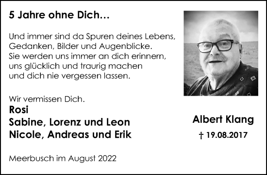 Traueranzeige von Albert Klang von trauer.extra-tipp-moenchengladbach.de