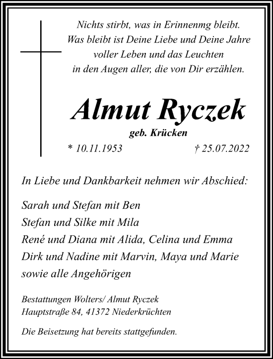 Traueranzeige von Almut Ryczek von trauer.extra-tipp-moenchengladbach.de