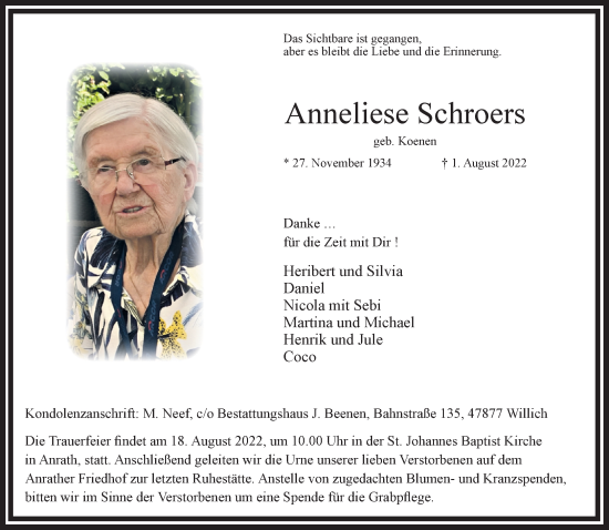 Traueranzeige von Anneliese Schroers von trauer.extra-tipp-moenchengladbach.de