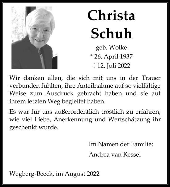 Traueranzeige von Christa Schuh von trauer.extra-tipp-moenchengladbach.de