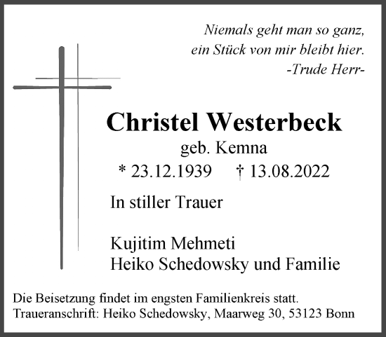 Traueranzeige von Christel Westerbeck von trauer.wuppertaler-rundschau.de