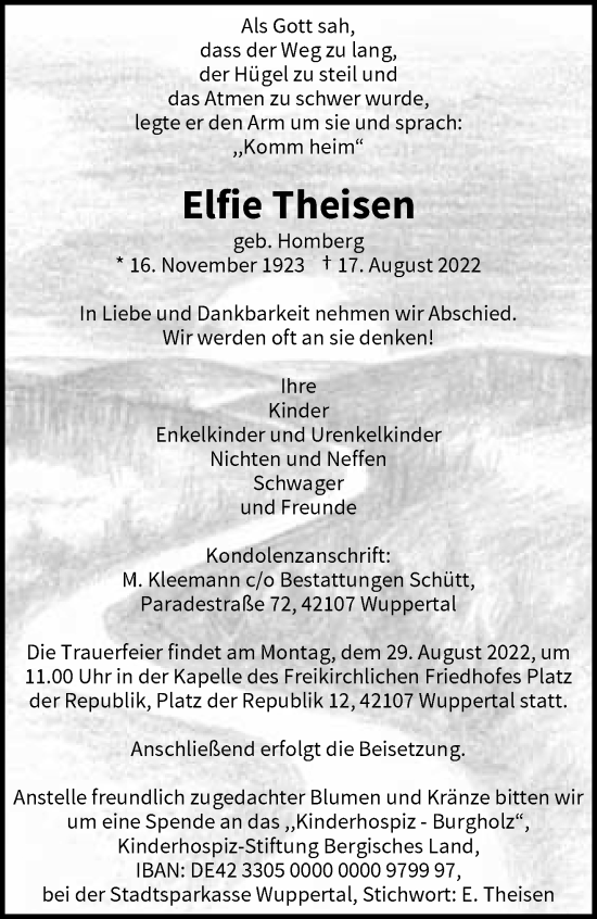 Traueranzeige von Elfie Theisen von trauer.wuppertaler-rundschau.de