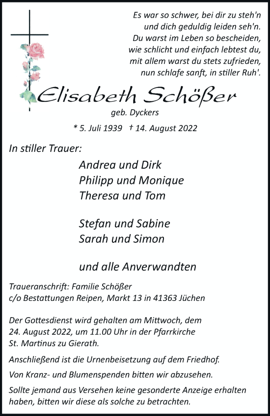 Traueranzeige von Elisabeth Schößer von trauer.stadt-kurier.de