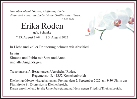 Traueranzeige von Erika Roden von trauer.extra-tipp-moenchengladbach.de