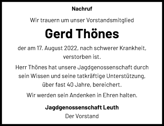 Traueranzeige von Gerd Thönes von trauer.extra-tipp-moenchengladbach.de