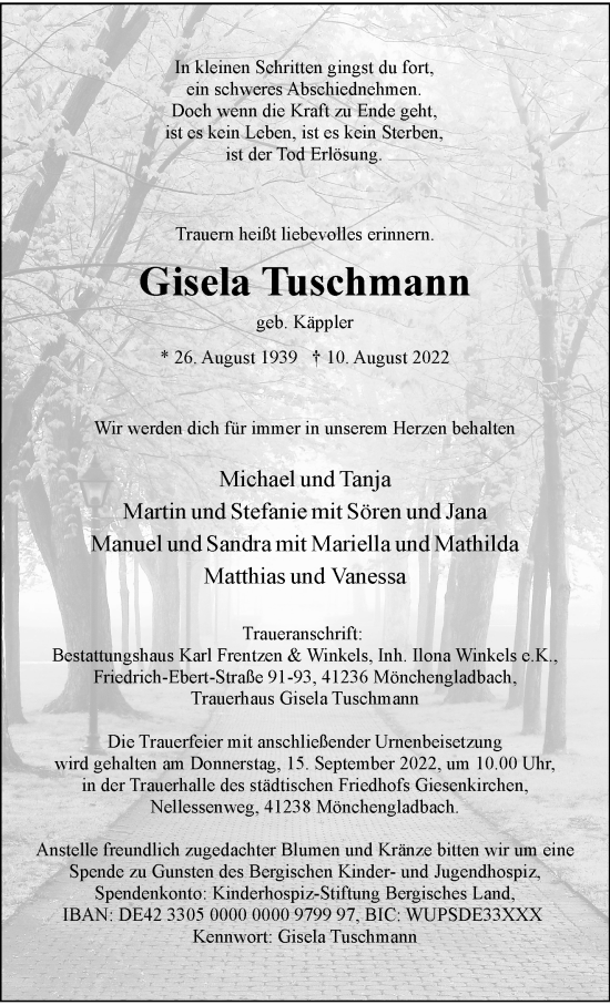 Traueranzeige von Gisela Tuschmann von trauer.extra-tipp-moenchengladbach.de