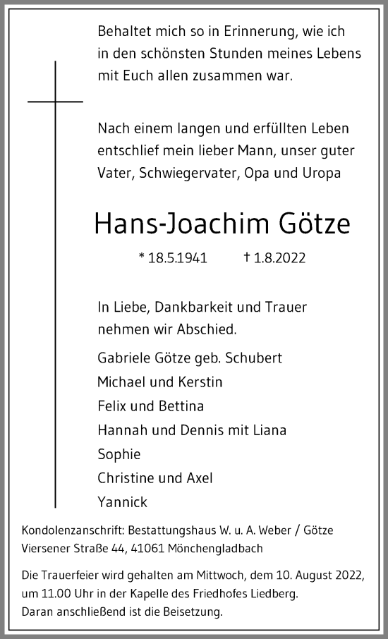 Traueranzeige von Hans-Joachim Götze von trauer.extra-tipp-moenchengladbach.de