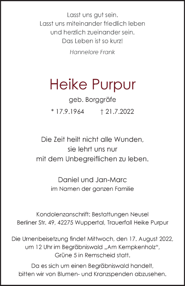  Traueranzeige für Heike Purpur vom 06.08.2022 aus trauer.wuppertaler-rundschau.de