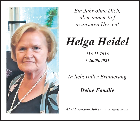 Traueranzeige von Helga Heidel von trauer.extra-tipp-moenchengladbach.de