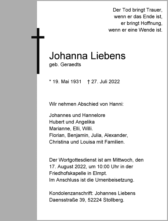 Traueranzeige von Johanna Liebens von trauer.extra-tipp-moenchengladbach.de