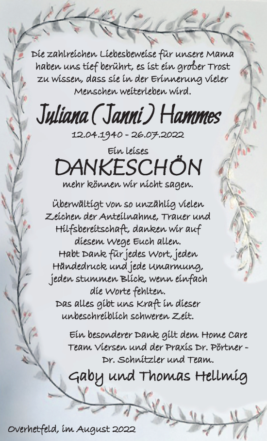 Traueranzeige von Juliana Hammes von trauer.extra-tipp-moenchengladbach.de