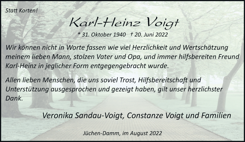  Traueranzeige für Karl-Heinz Voigt vom 06.08.2022 aus trauer.stadt-kurier.de