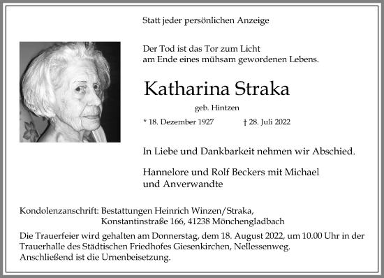 Traueranzeige von Katharina Straka von trauer.extra-tipp-moenchengladbach.de