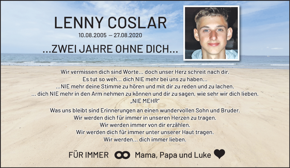  Traueranzeige für Lenny Coslar vom 28.08.2022 aus trauer.extra-tipp-moenchengladbach.de