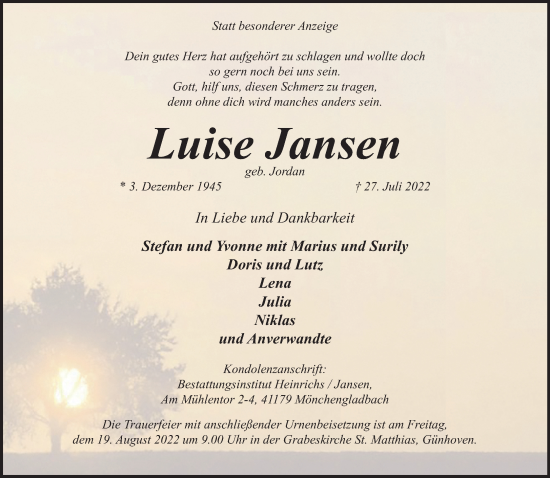 Traueranzeige von Luise Jansen von trauer.extra-tipp-moenchengladbach.de