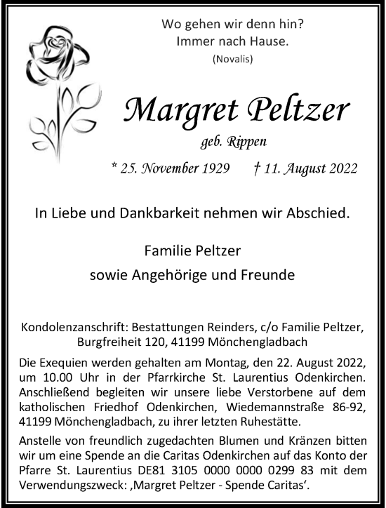 Traueranzeige von Margret Peltzer von trauer.extra-tipp-moenchengladbach.de