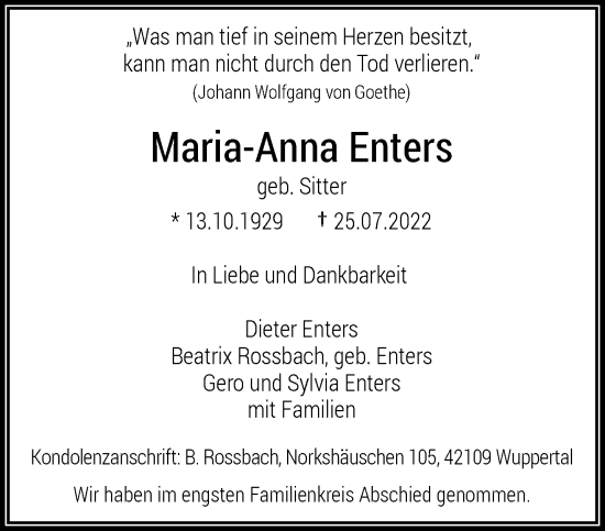 Traueranzeige von Maria-Anna Enters von trauer.wuppertaler-rundschau.de