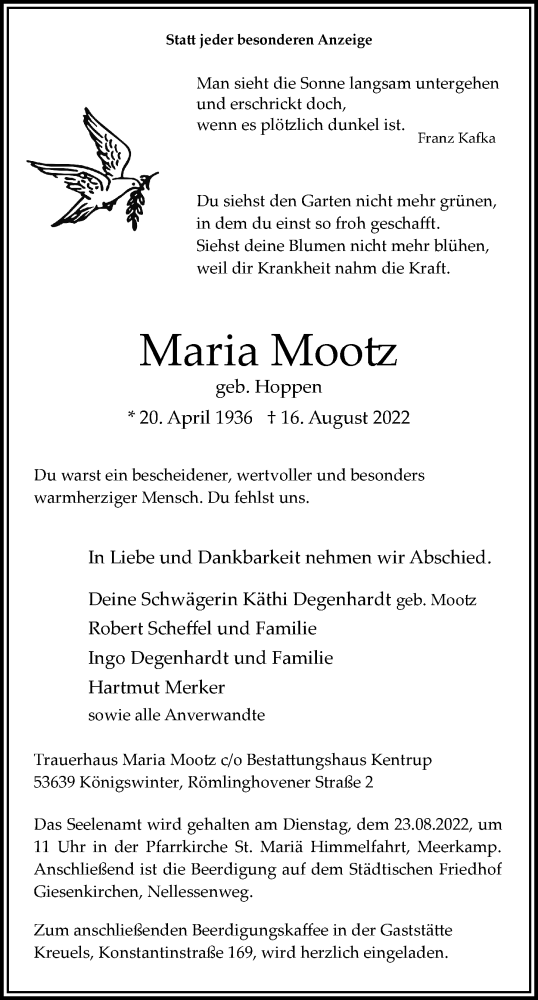 Traueranzeige von Maria Mootz von trauer.extra-tipp-moenchengladbach.de