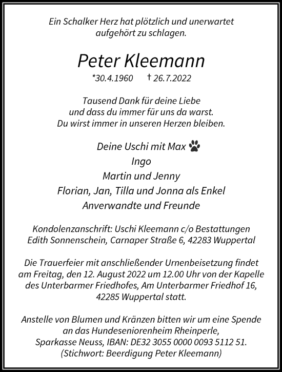 Traueranzeige von Peter Kleemann von trauer.wuppertaler-rundschau.de