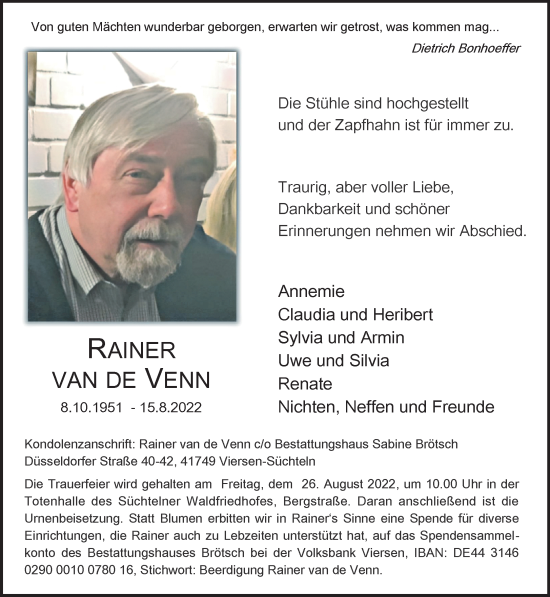 Traueranzeige von Rainer van de Venn von trauer.extra-tipp-moenchengladbach.de