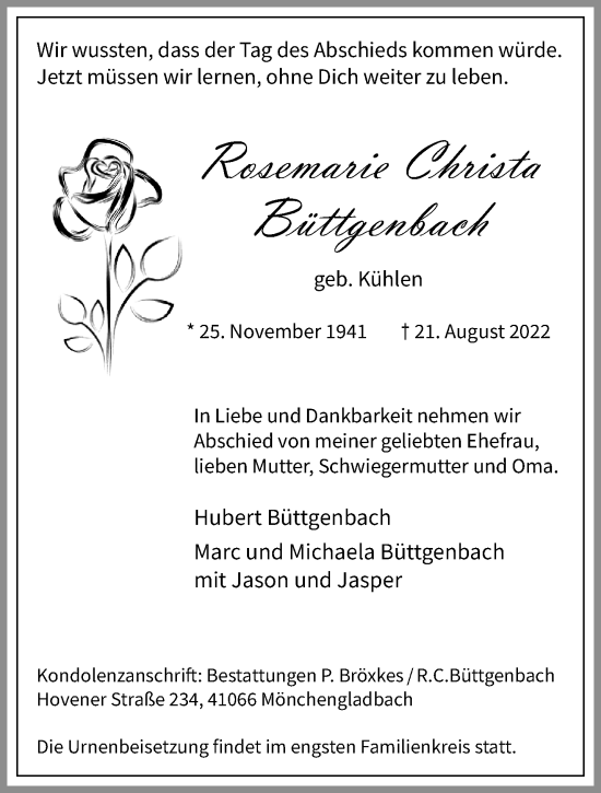 Traueranzeige von Rosemarie Christa Büttgenbach von trauer.extra-tipp-moenchengladbach.de