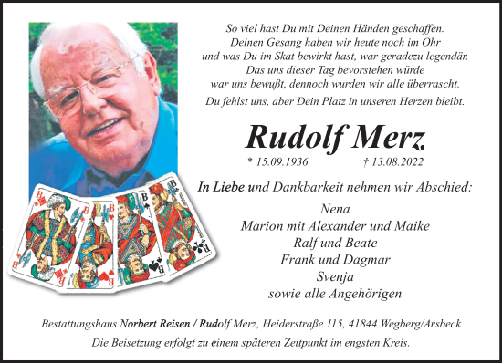 Traueranzeige von Rudolf Merz von trauer.extra-tipp-moenchengladbach.de