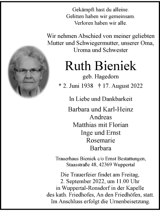 Traueranzeige von Ruth Bieniek von trauer.wuppertaler-rundschau.de