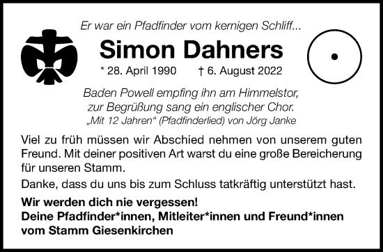 Traueranzeige von Simon Dahners von trauer.extra-tipp-moenchengladbach.de