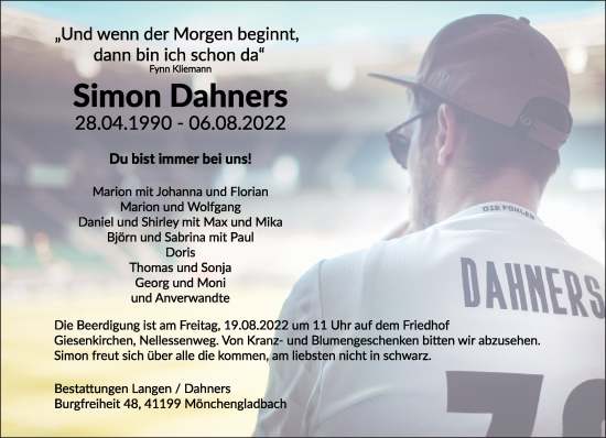 Traueranzeige von Simon Dahners von trauer.extra-tipp-moenchengladbach.de