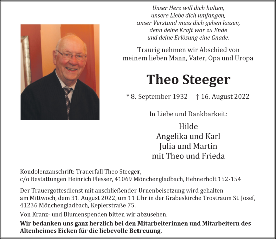 Traueranzeige von Theo Steeger von trauer.extra-tipp-moenchengladbach.de