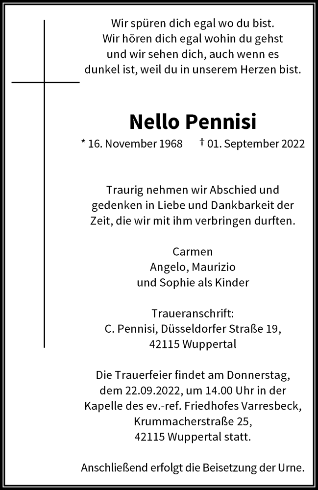  Traueranzeige für Nello Pennisi vom 20.09.2022 aus TRAUER.WUPPERTALER-RUNDSCHAU.DE