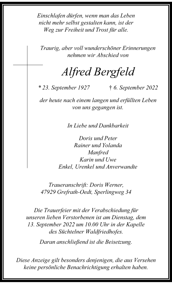 Traueranzeige von Alfred Bergfeld von trauer.extra-tipp-moenchengladbach.de