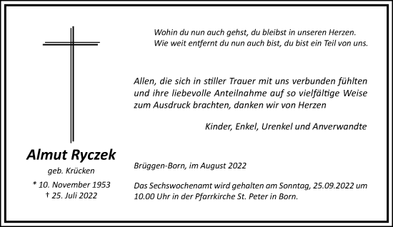 Traueranzeige von Almut Ryczek von trauer.extra-tipp-moenchengladbach.de