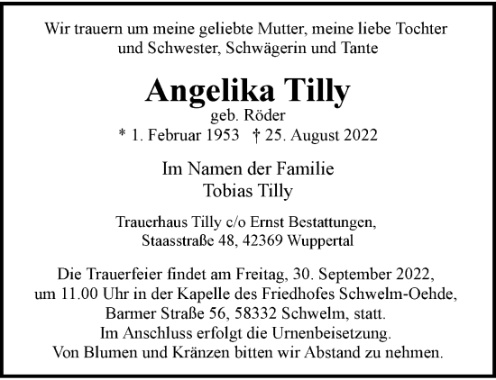 Traueranzeige von Angelika Tilly von trauer.wuppertaler-rundschau.de