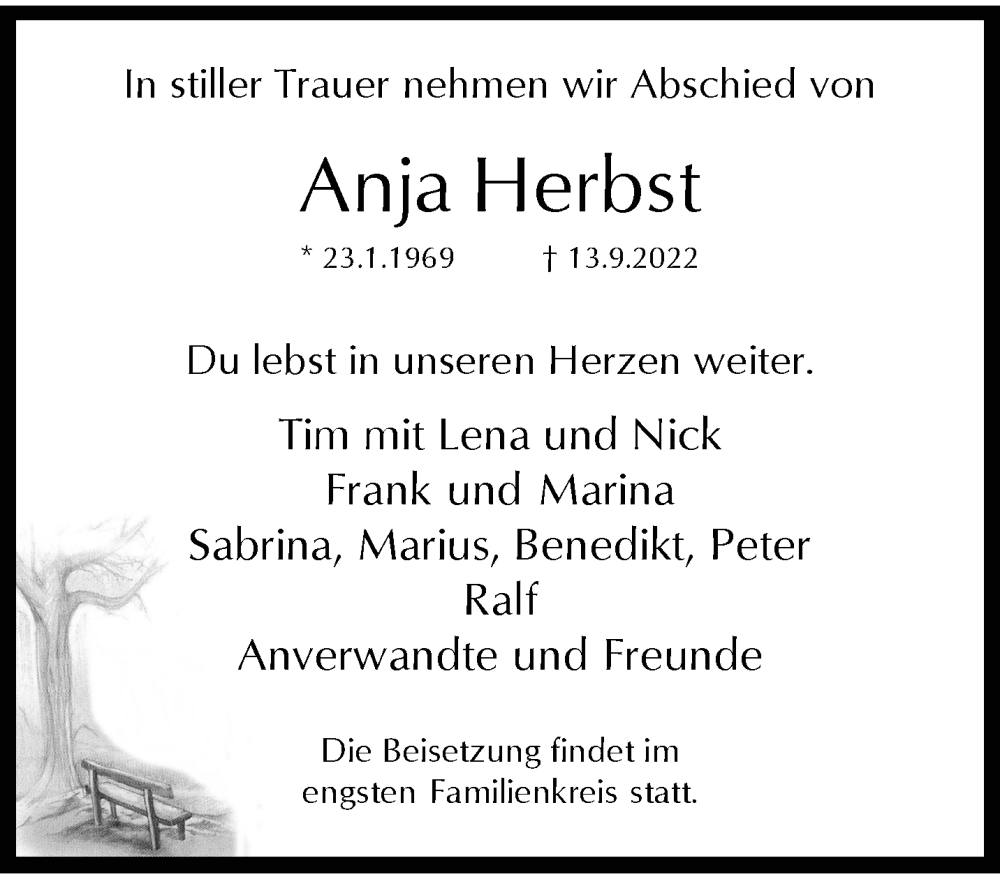  Traueranzeige für Anja Herbst vom 17.09.2022 aus trauer.wuppertaler-rundschau.de