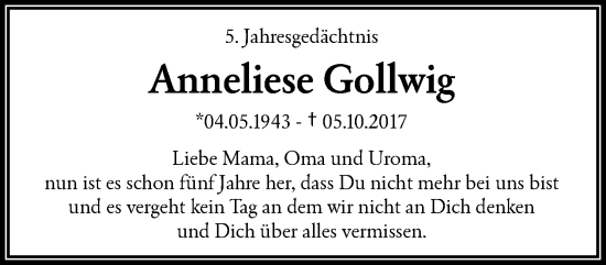 Traueranzeige von Anneliese Gollwig von trauer.wuppertaler-rundschau.de