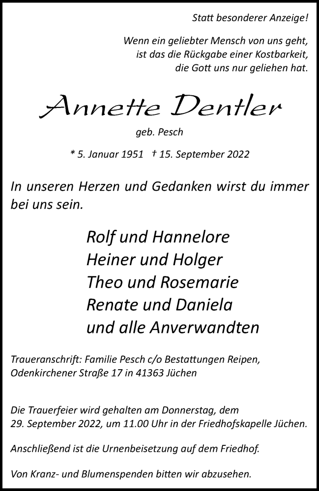  Traueranzeige für Annette Dentler vom 24.09.2022 aus trauer.stadt-kurier.de