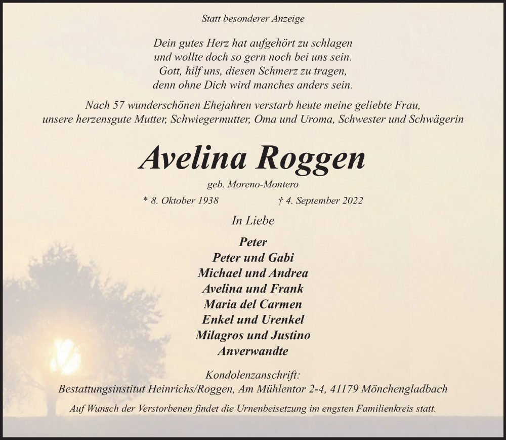  Traueranzeige für Avelina Roggen vom 02.10.2022 aus trauer.extra-tipp-moenchengladbach.de