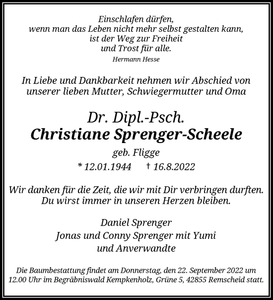 Traueranzeige von Christiane Sprenger-Scheele von trauer.wuppertaler-rundschau.de